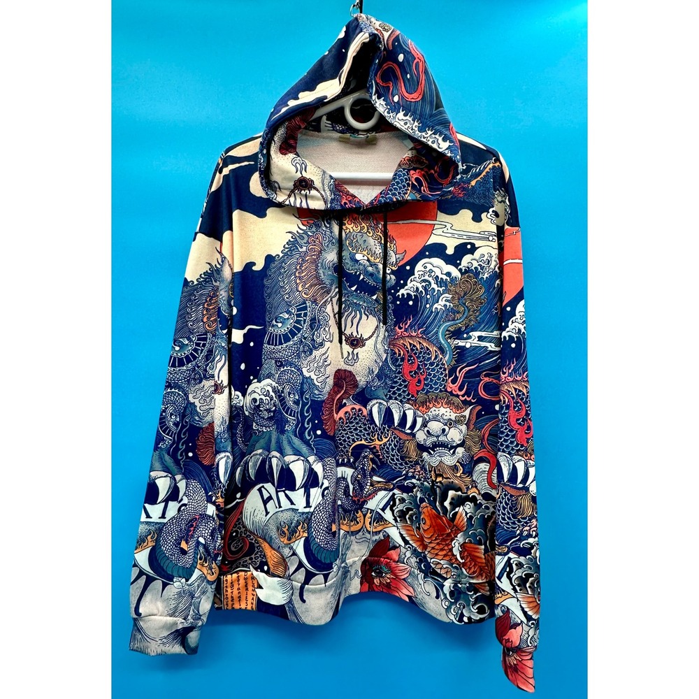 Royaura Mens XL Japanese Art Dragon Koi Fish‎ Wave All Over Print Hoodie Blue